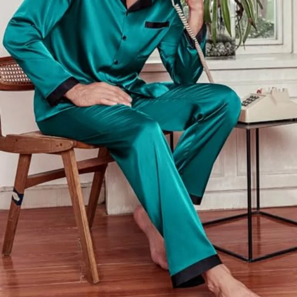 Men's Silk Pajama Set Classic Button Down Sleepwear Satin Loungewear